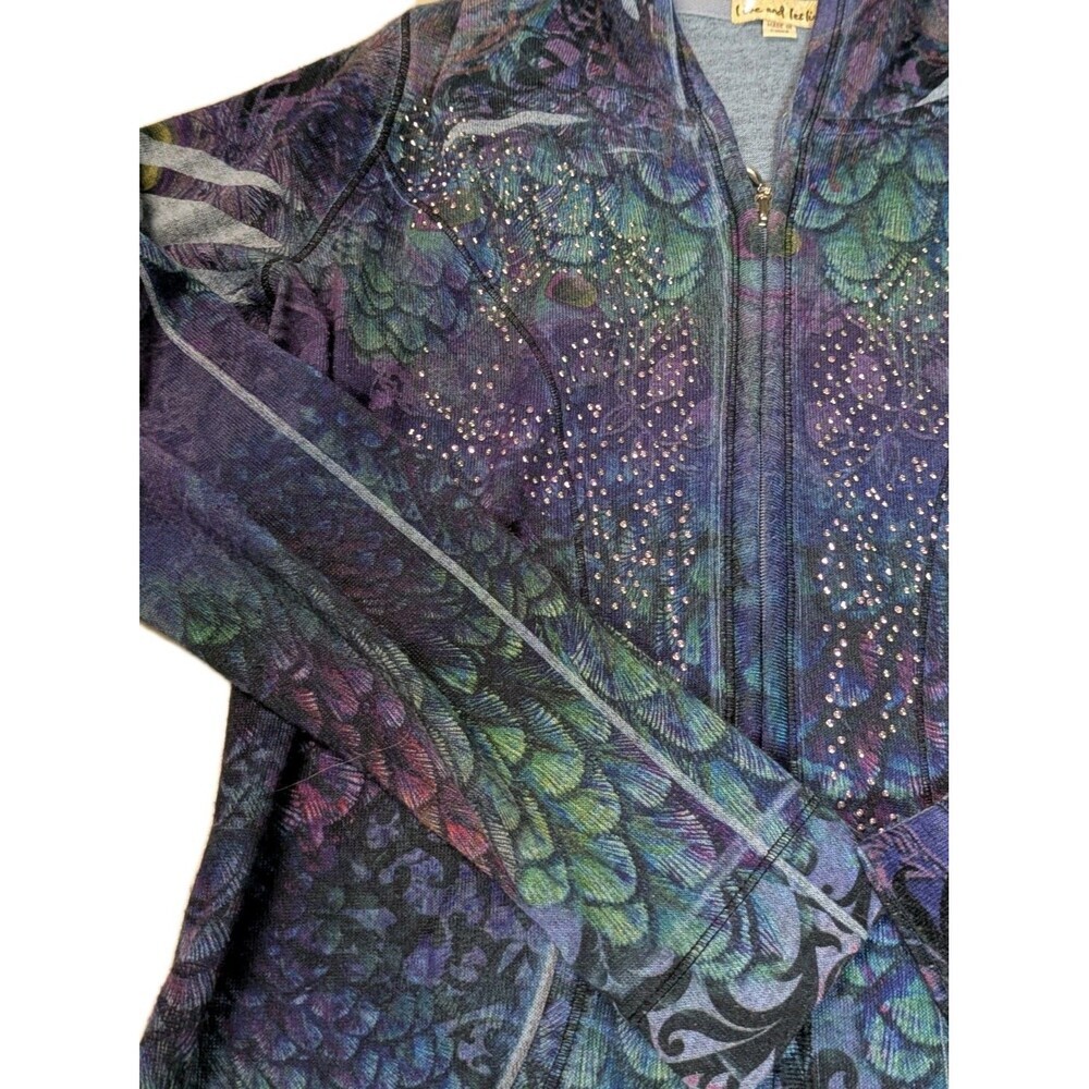 Live and Let Live Peacock Print Rhinestone Zip Up Hoodie Jacket Boho Large - Picture 10 of 14